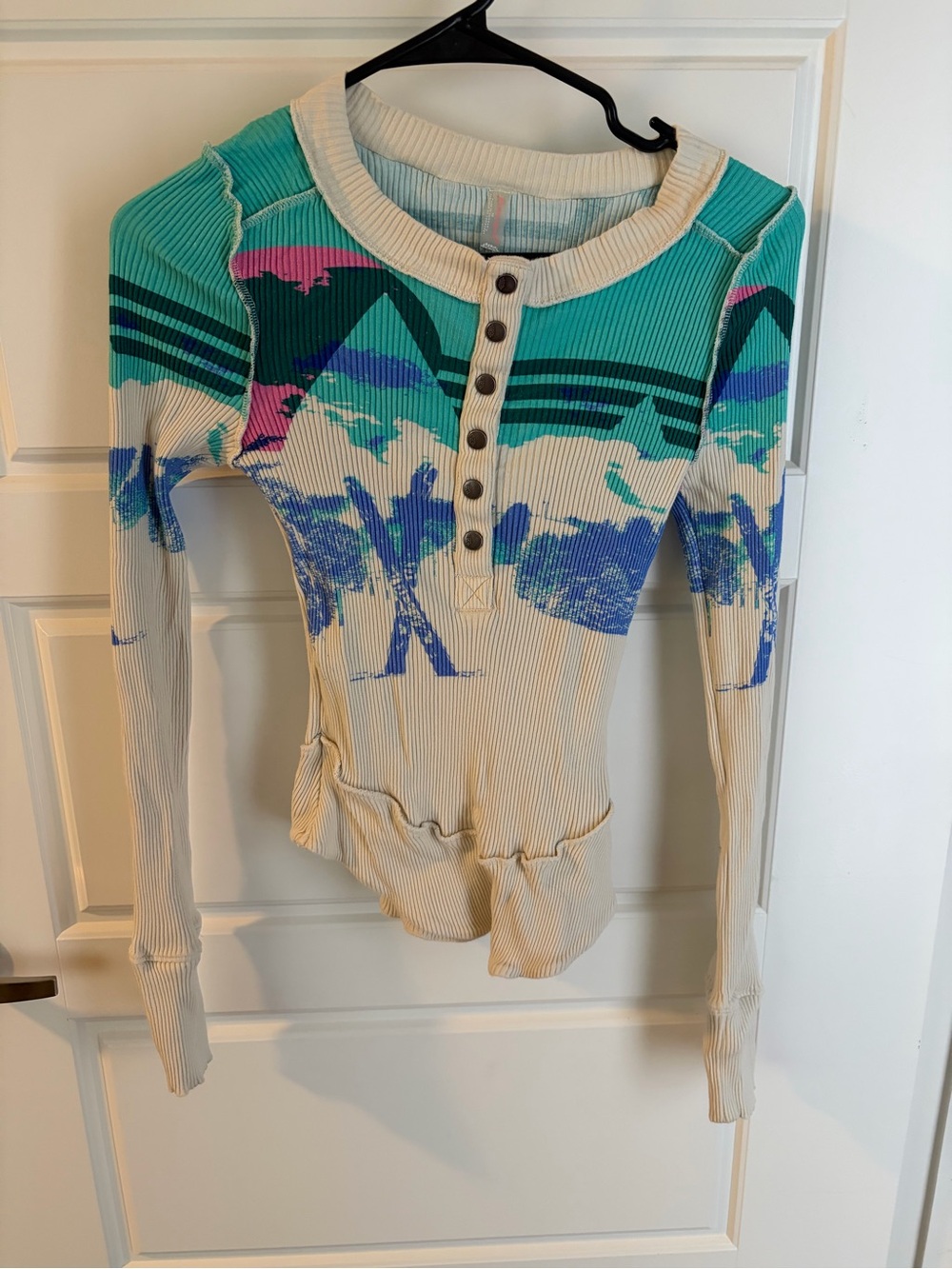FP Movement by Free People Cream Ribbed Henley with Teal, Blue & Pink Graphic